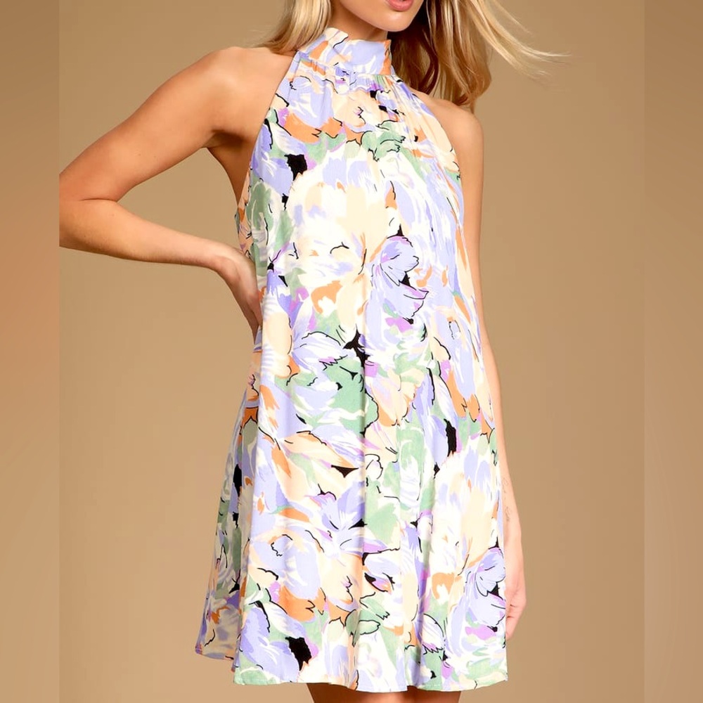 Lulu’s Tied Back To You Multi Floral Print Halter Mini Dress